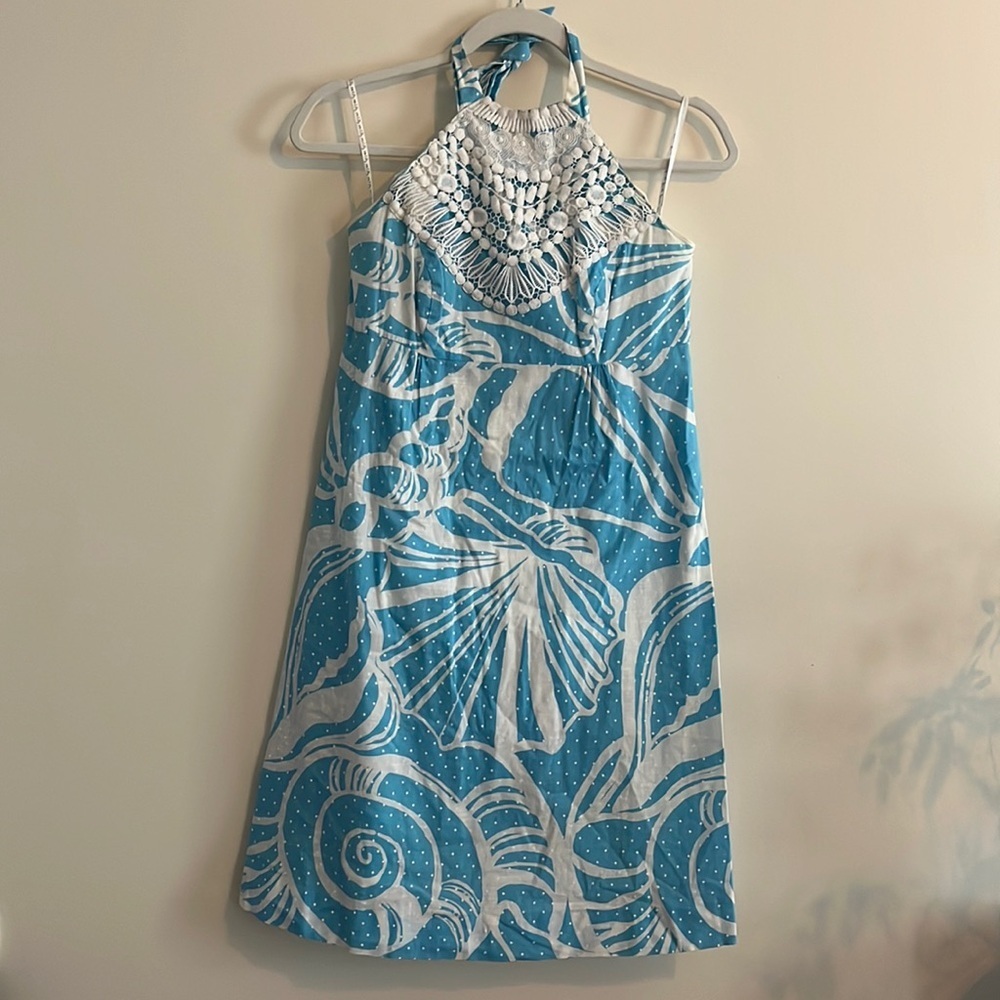 Lilly Pulitzer Brighton Seaspray Embroidered Halter Dress Blue 2 Midnight‎ Sun